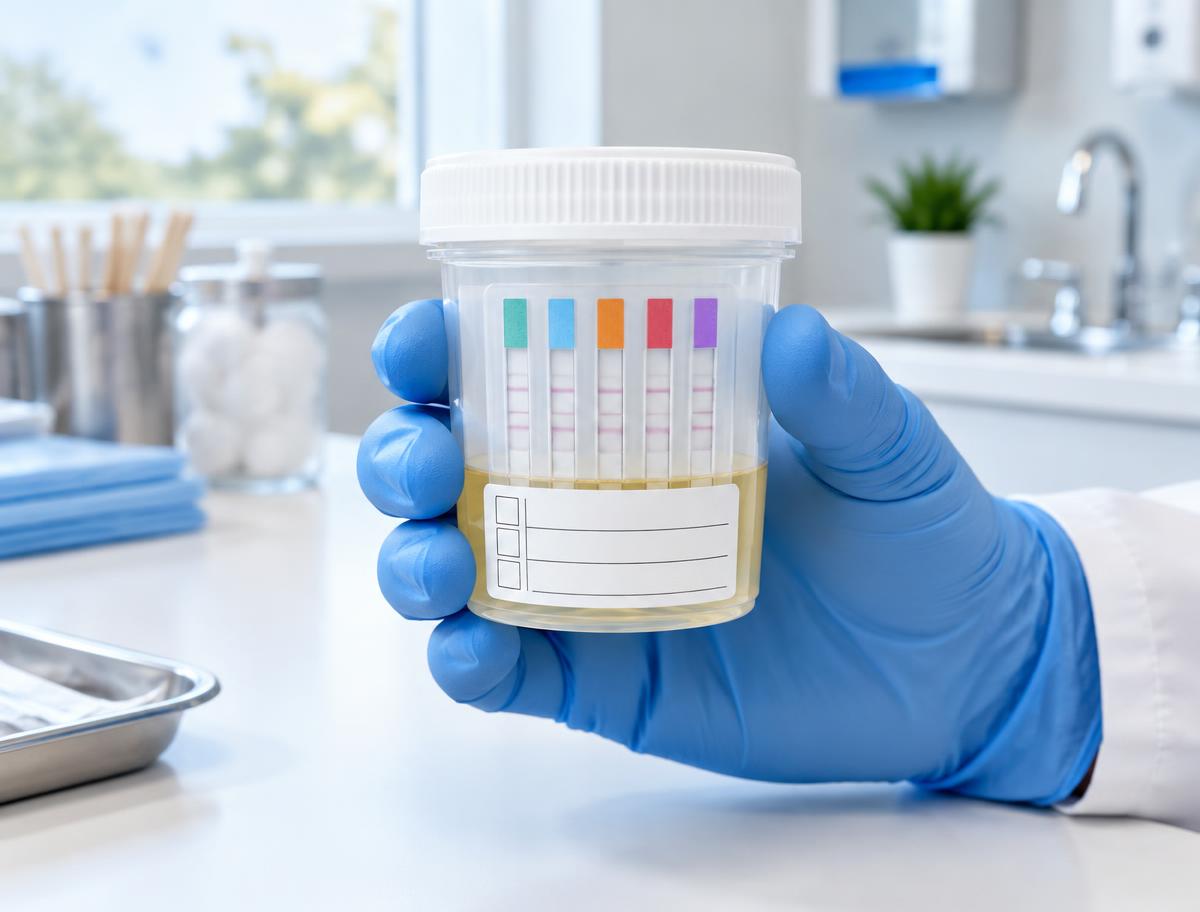 Gloved collector holding a multi-panel POCT rapid urine cup