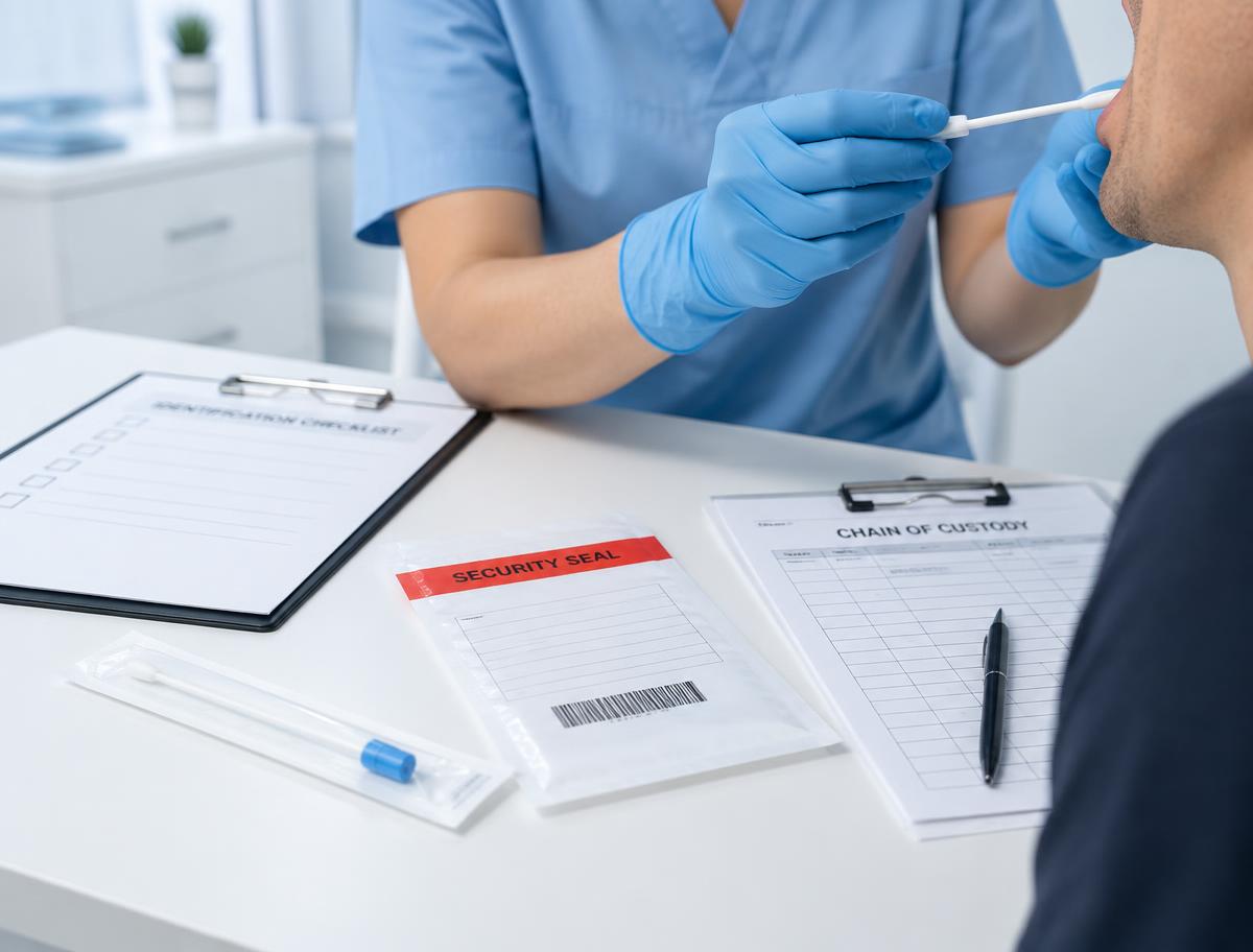 Gloved collector performing a documented cheek swab collection